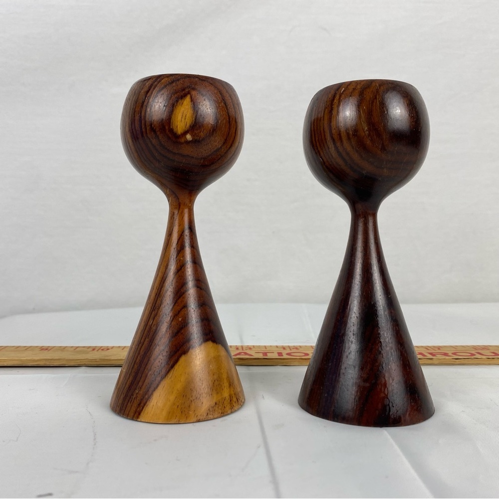 Danish MCM teak 5” vintage candle holder pair pillar